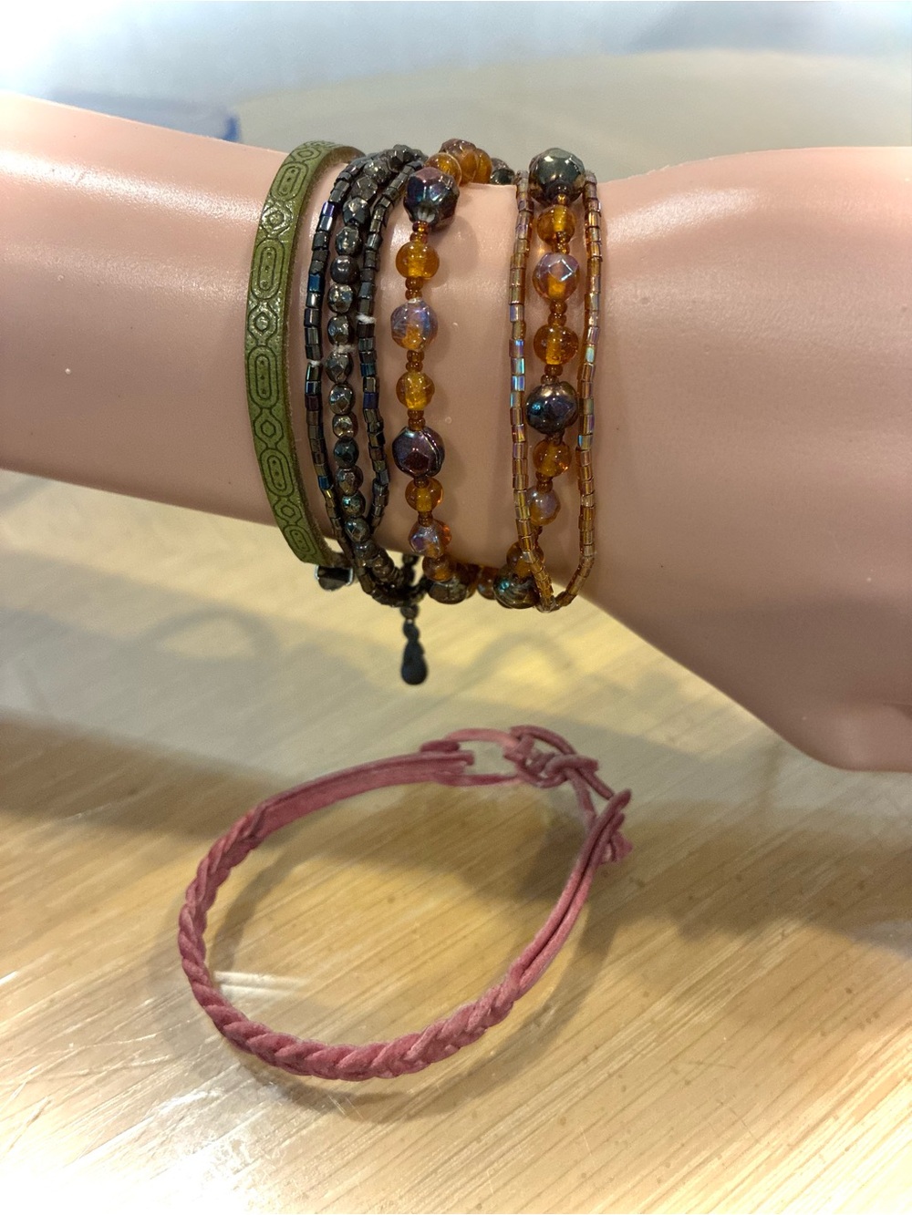 Source Unknown Multi-String Bracelet Set in Olive, Amber & Pink